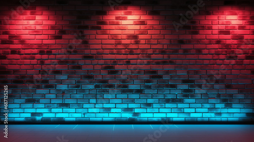 Dark brick wall and rough concrete background with neon lights and glowing lights. Lighting red and blue on bricks wall background.