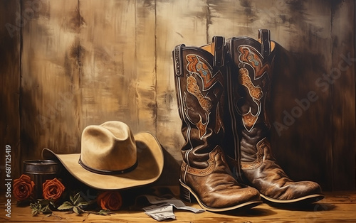 chapéu e botas de vaqueiro em fundo de vaqueiro do velho oeste , cultura cowtry  photo