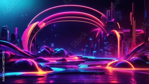 A stunning abstract image filled with luminous neon shapes  alongside some prominent buildings in the background.