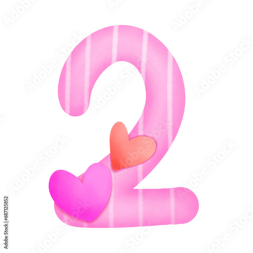Set of illustrations alphabet A-Z and numbers 0-9, Pink Valentine's Day theme with cute hearts. 