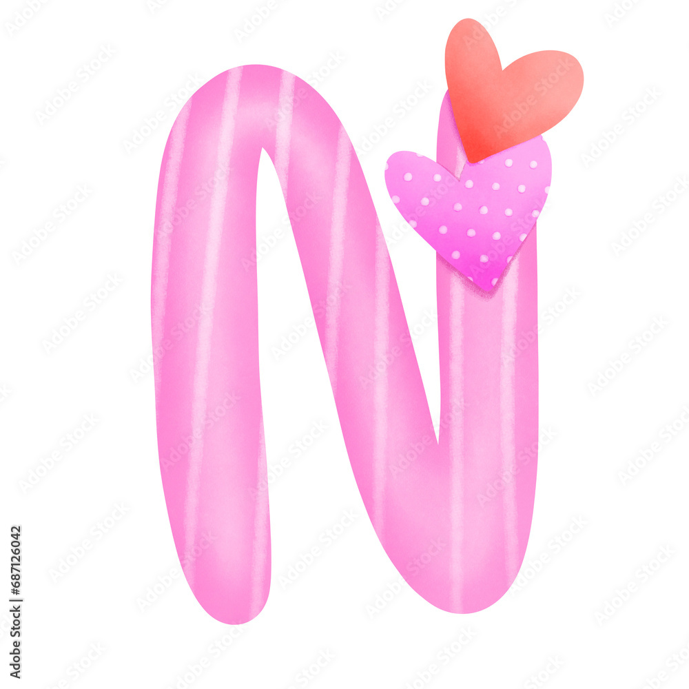 Set of illustrations alphabet A-Z and numbers 0-9, Pink Valentine's Day theme with cute hearts. 