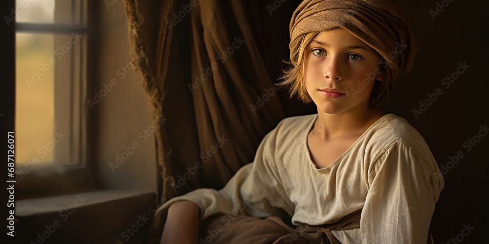 Obraz premium child portrait, classic pose, soft natural light from a window, earth tones