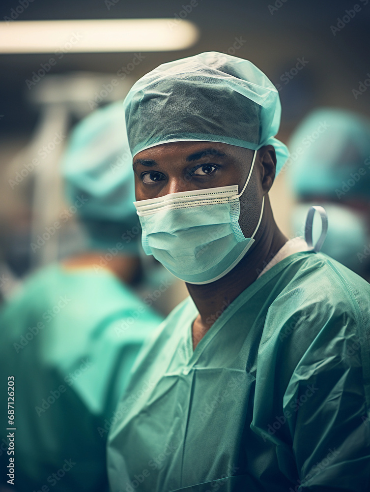 Surgeon in an operating room, intense focus under surgical lights Surgeon in an operating room, intense focus under surgical lights