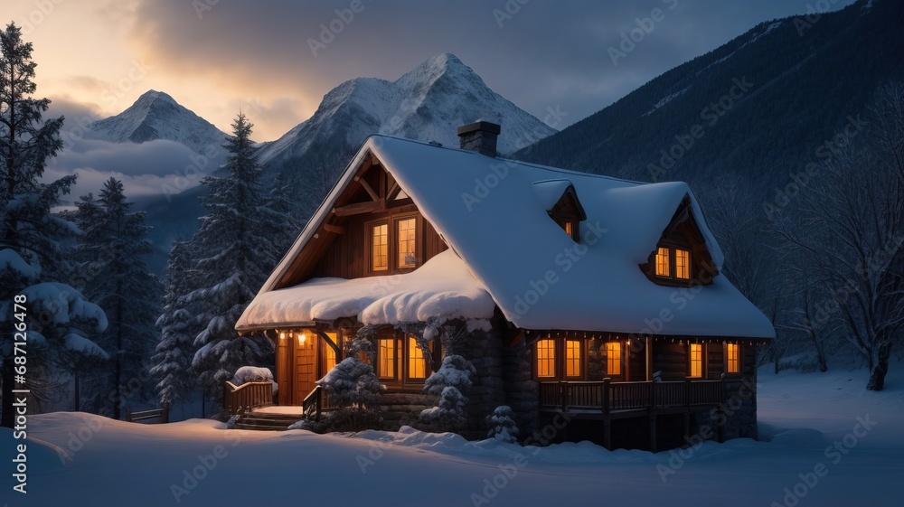 Fototapeta premium Cozy photo of a house in the mountains, winter, light from the windows