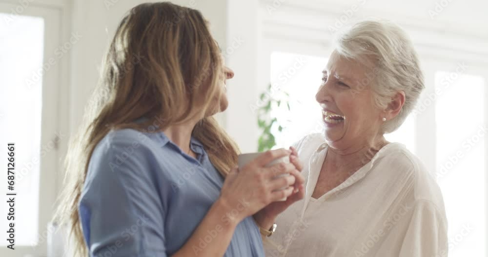 Laugh, coffee and happy with senior mother and woman in family home for bonding, relax and love together. Smile, care and kindness with people and hug for gratitude, retirement and generations Laugh, coffee and happy with senior mother and woman in family home for bonding, relax and love together. Smile, care and kindness with people and hug for gratitude, retirement and generations
