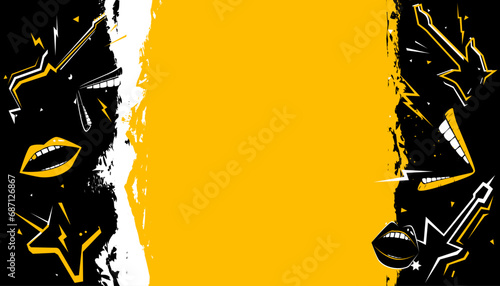 Party music decorated with rock and roll instruments and screaming mouth signs on a background design template for a music festival banner or concert poster.