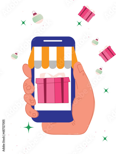 Hand holding a phone with gift or present. Order online, shopping concept, delivery. Online shopping on social media app or market.	