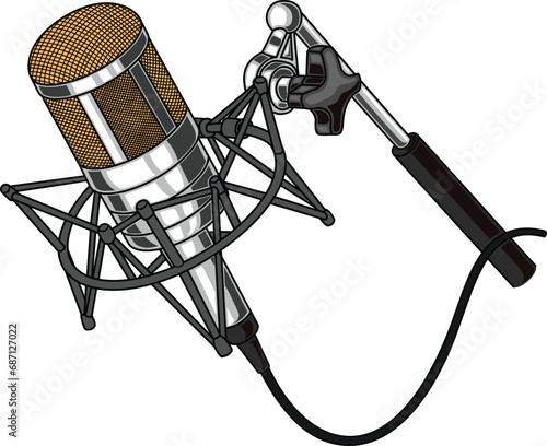Microphone on stand for recording in studio isolated on transparent background. Vector illustration of a mic.