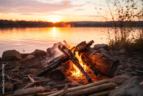 A campfire at a lake at sunset. © PixelGallery