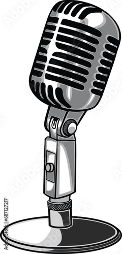 Retro microphone isolated on white. Vintage classic a mic on stand. Good for print, icon, mascot, logo, clip art