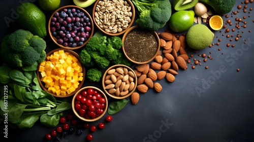 Vegan diet food. Selection of rich fiber sources vegan food. Foods high in plant based protein, vitamins, minerals, anthocyanins, antioxidants. Image with copy space