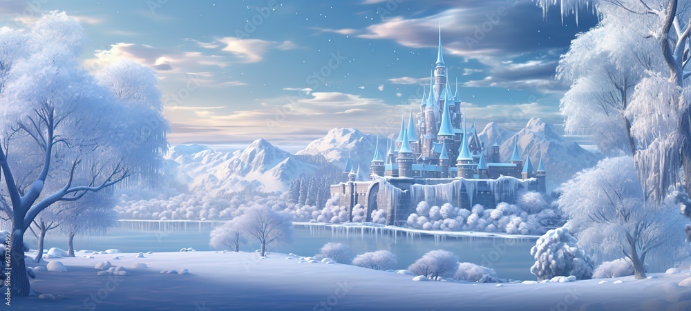 fairytale castle in winter snow forest, whimsical fairytale atmosphere, artistic cartoon scenery backdrop, Ai Generative 