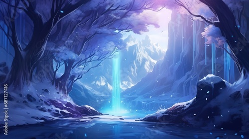 tranquil winter forest trail with waterfall background, anime illustration , Ai Generative 