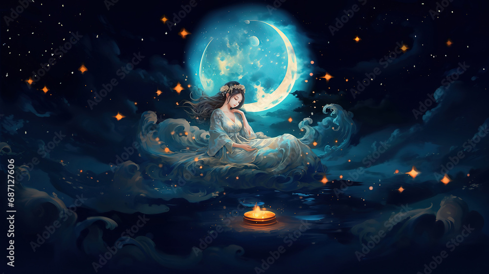 moon goddess sitting on cloud throne, pretty woman look elegant in heavenly atmosphere, Ai Generative 