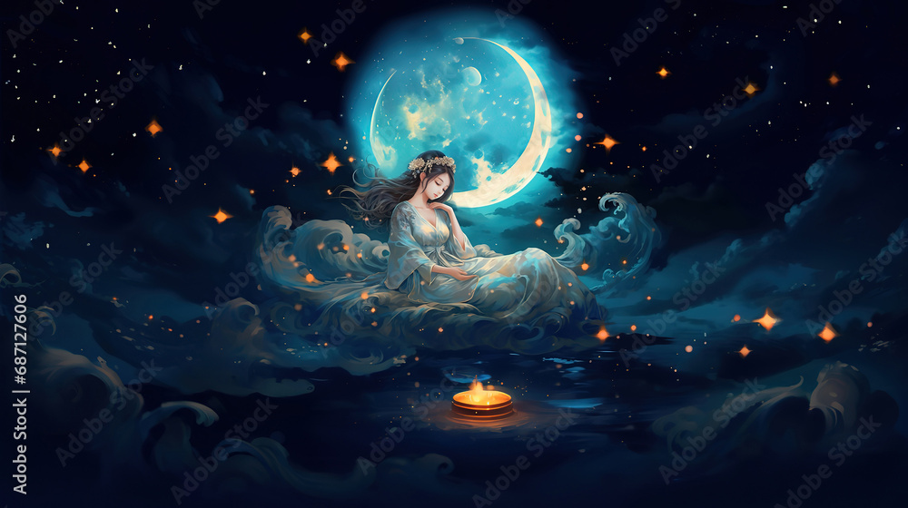 moon goddess sitting on cloud throne, pretty woman look elegant in heavenly atmosphere, Ai Generative moon goddess sitting on cloud throne, pretty woman look elegant in heavenly atmosphere, Ai Generative