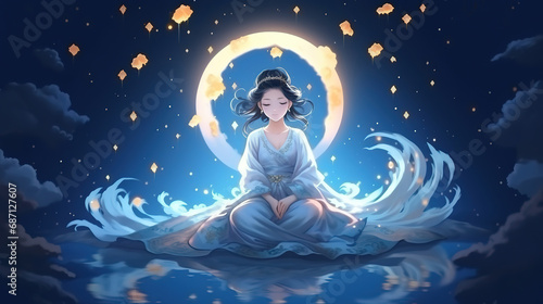 moon goddess sitting on cloud throne, pretty woman look elegant in heavenly atmosphere, Ai Generative 