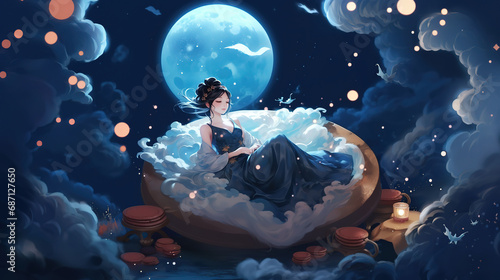 moon goddess sitting on cloud throne, pretty woman look elegant in heavenly atmosphere, Ai Generative  photo