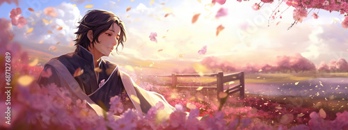 elegant attractive man wearing traditional Japanese outfit sitting on flower field hill,  cartoon anime illustration,  Ai Generative  photo