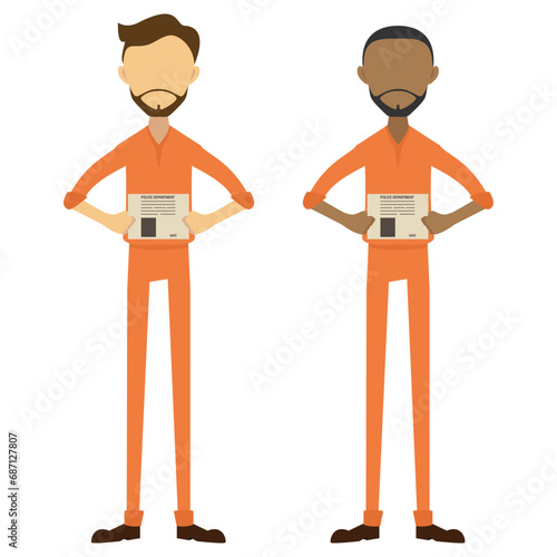 Prisoner man getting front view mug shot. Prisoners wearing orange jumpsuits. Cartoon faceless characters