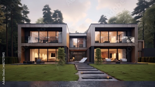 Appearance of residential architecture. Modern modular private townhouses. Residential minimalist architecture exterior. Very modern neighborhood, early morning shot.