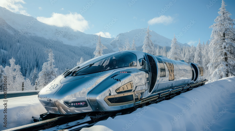 Concept of a Futuristic High-Speed Train Traveling over a Snow-Covered Landscape in the snow-covered Mountains in the Alps Brainstorming Background Cover Poster Digital Art Backdrop
Concept of a Futuristic High-Speed Train Traveling over a Snow-Covered Landscape in the snow-covered Mountains in the Alps Brainstorming Background Cover Poster Digital Art Backdrop