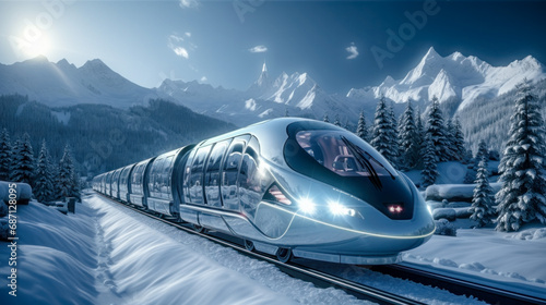 Concept of a Futuristic High-Speed Train Traveling over a Snow-Covered Landscape in the snow-covered Mountains in the Alps Brainstorming Background Cover Poster Digital Art Backdrop 