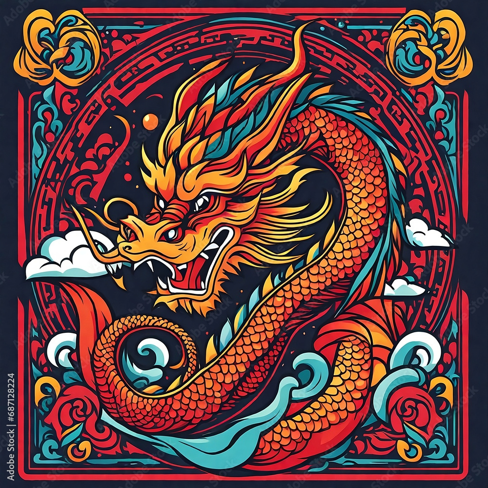 Chinese Dragon in a Circle with Waves and Clouds Chinese Dragon in a Circle with Waves and Clouds