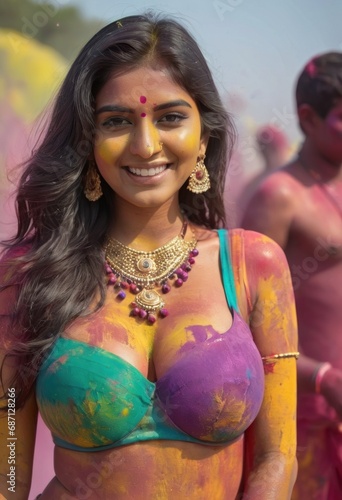 Beautiful Indian girl wear bikini with big breast on Holi photo