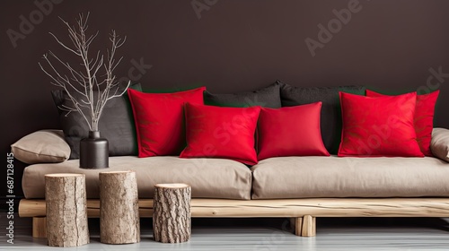 A log coffee table sits next to a rustic sofa with red and gray pillows against a dark plaster background. Modern living room interior design in dark colors.