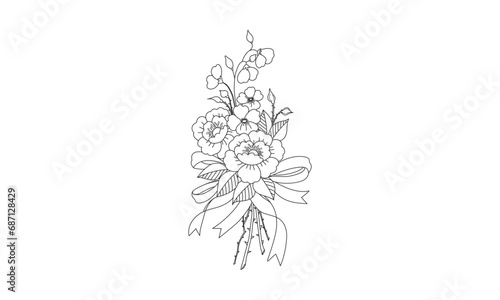 Flower bouquet with vase line art coloring pages embroidery design White Background Vector Illustrator photo