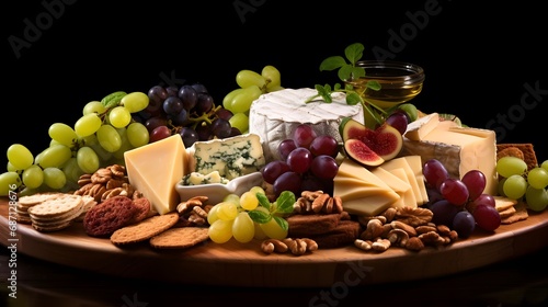 Very tasty cheese platter on a wooden board, grapes, crackers, dips, cheese board, isolated photo