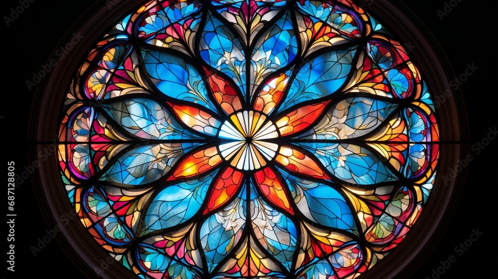 a stained glass window, its vivid and luminous colors filtering light and casting a mesmerizing glow on the surrounding white surface, creating a harmonious blend of art and illumination.