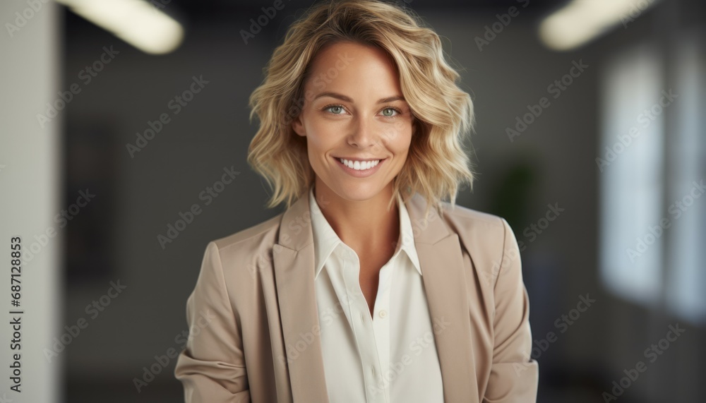 Portrait of a young beautiful business woman in office  - obrazy, fototapety, plakaty 