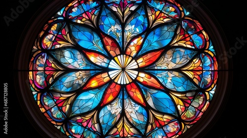 a stained glass window, its vivid and luminous colors filtering light and casting a mesmerizing glow on the surrounding white surface, creating a harmonious blend of art and illumination.