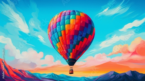 A close-up of a vibrant hot air balloon soaring against a clear blue sky, evoking a sense of freedom and adventure.