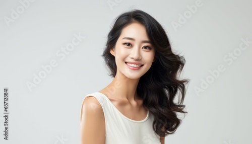 Young beautiful asian woman on white background