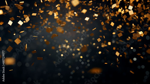 Luxury gold confetti rain on blurry dark background for christmas and new year celebration © Tam