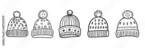 set hats warm winter clothes. warm knitted hat with ponpon pompom with scandinavian pattern winter doodle stickers isolated on white background drawn by line winter cozy outfit