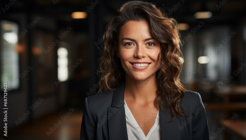 Beautiful modern brown hair business woman portrait in the office with copy space Beautiful modern brown hair business woman portrait in the office with copy space