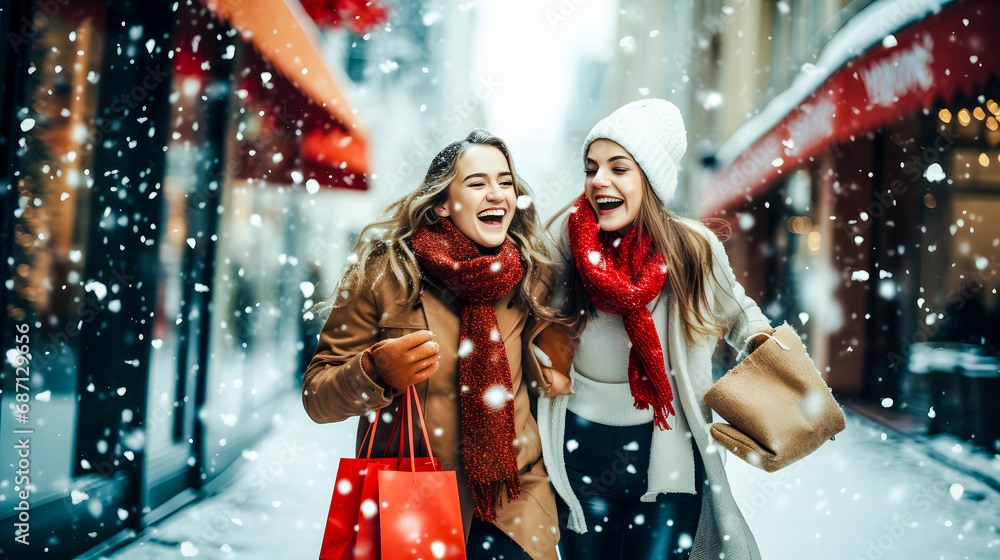 Femmes riant sous la neige pendant leur shopping
