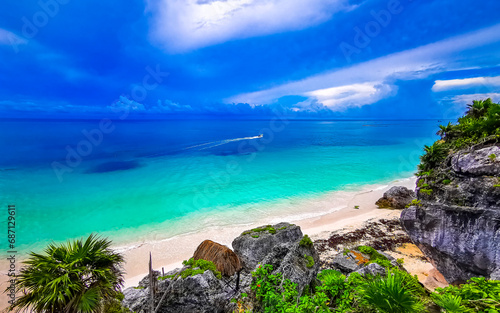 Natural seascape panorama beach view Tulum ruins Mayan site Mexico.