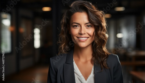 Beautiful modern brown hair business woman portrait in the office with copy space