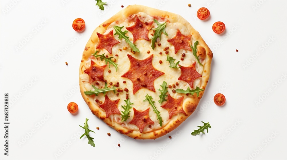 a star-shaped pizza on a clean white background, highlighting the creativity and playfulness in pizza design, making it a fun and delectable choice.