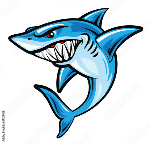 Dangerous shark cartoon mascot, sport logo template or sticker vector illustration isolated on white background.