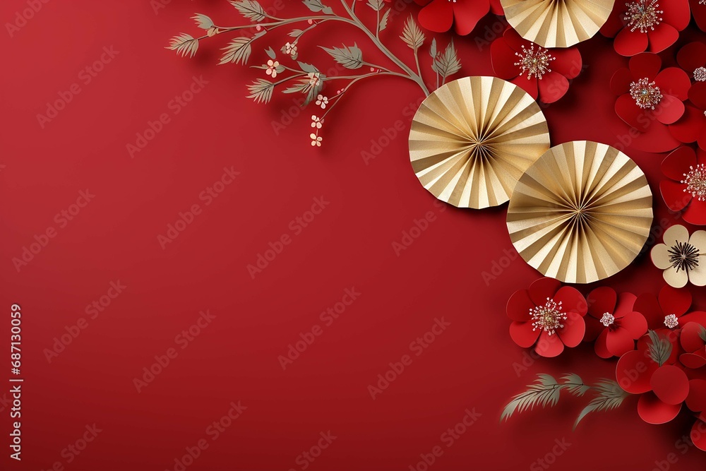 Paper art of Chinese New Year with red paper flowers on red background .AI Generate Paper art of Chinese New Year with red paper flowers on red background .AI Generate