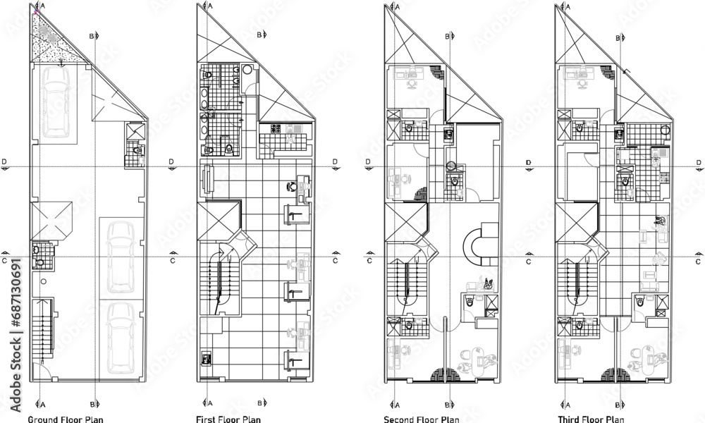 Vector sketch illustration of architectural design for a multi-storey house plan with a dense urban model