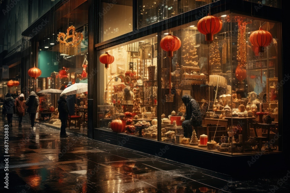 Naklejka premium Christmas Window Shopping - Generative AI