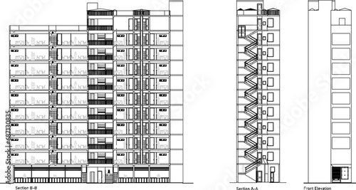 Vector sketch illustration of the architectural design of the appearance and sections of a multi-storey high rise apartment building