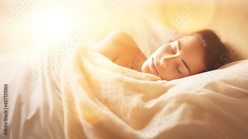 Pretty Caucasian woman sleeps calmly under blanket on soft bed at home closeup. Happy black lady dreams resting on pillows in bedroom. Asleep young woman lies on couch at morning sunlight photo