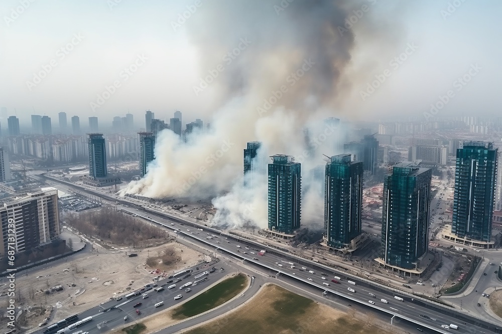 Urban inferno fire engulfs a megacity, with burning blazing cars, roads, and skyscrapers. Chaotic scene of city engulfed in flames, capturing the intensity and destruction of a large-scale urban fire.